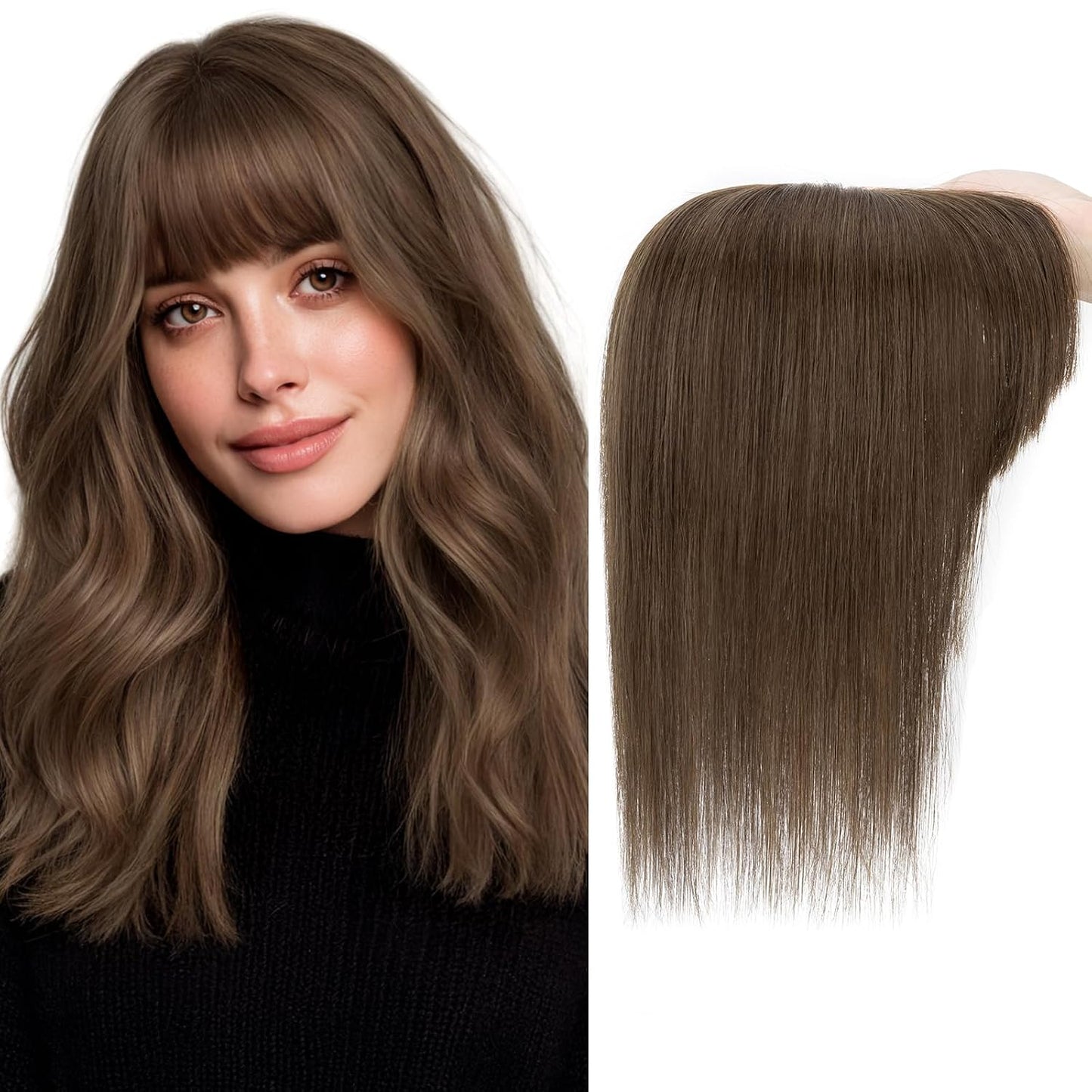 Hair Toppers for Women - Real Human Hair Clip-In 10 Inch Straight Hairpieces | Medium Brown Silk Base with Bangs