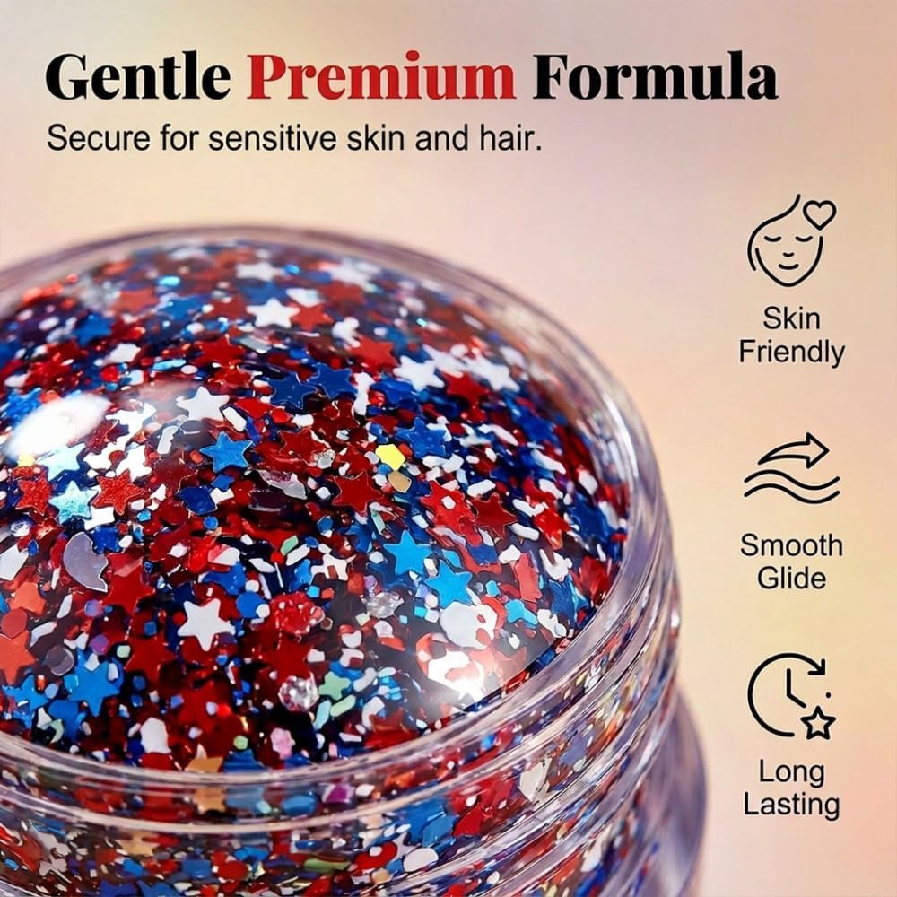 Body Hair Glitter Stick - 2 Pack Red White Blue USA Flag Face Glitter for 4th of July | Waterproof Makeup for Women & Kids