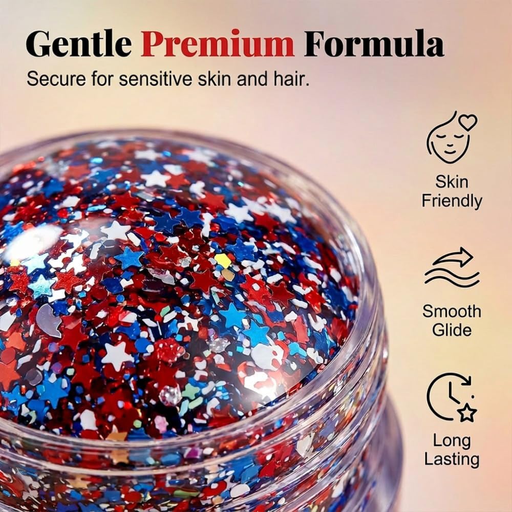 4th of July Glitter Stick - Red, White & Blue Body & Hair Sparkle for Women, Red White and Blue Accessories for Independence Day Patriotic Memorial Day Waterproof Chunky Glitter Makeup (Red White)