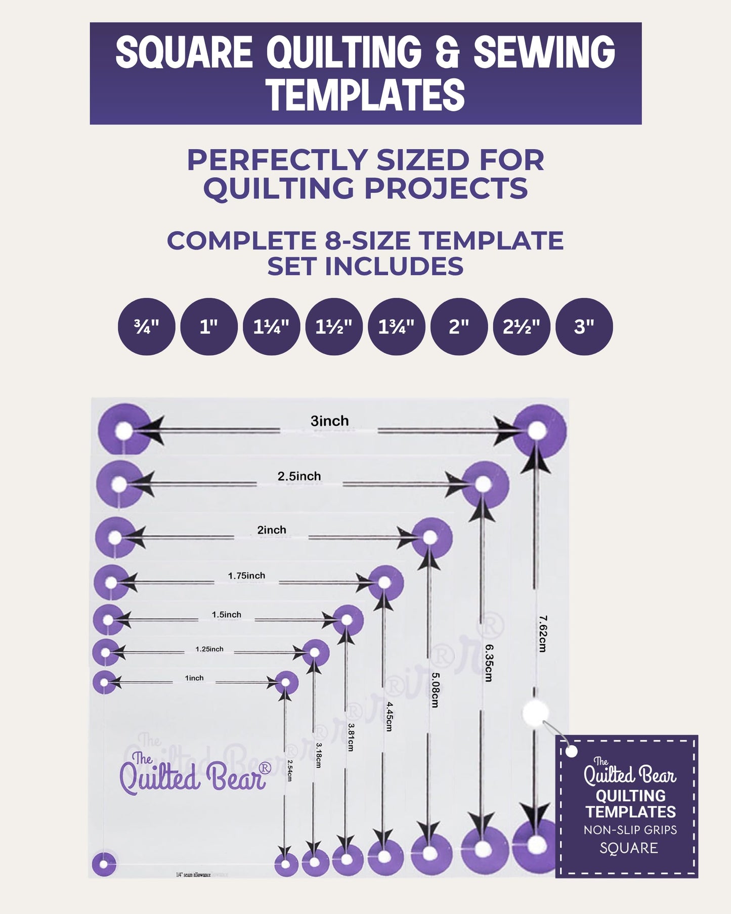 The Quilted Bear Square Quilting Templates – 8 Clear Non-Slip Acrylic Quilt Templates for Precise Fabric Cutting & Stress-Free Machine Quilting - Ideal for Quilt & Sewing Supplies (¾–3")