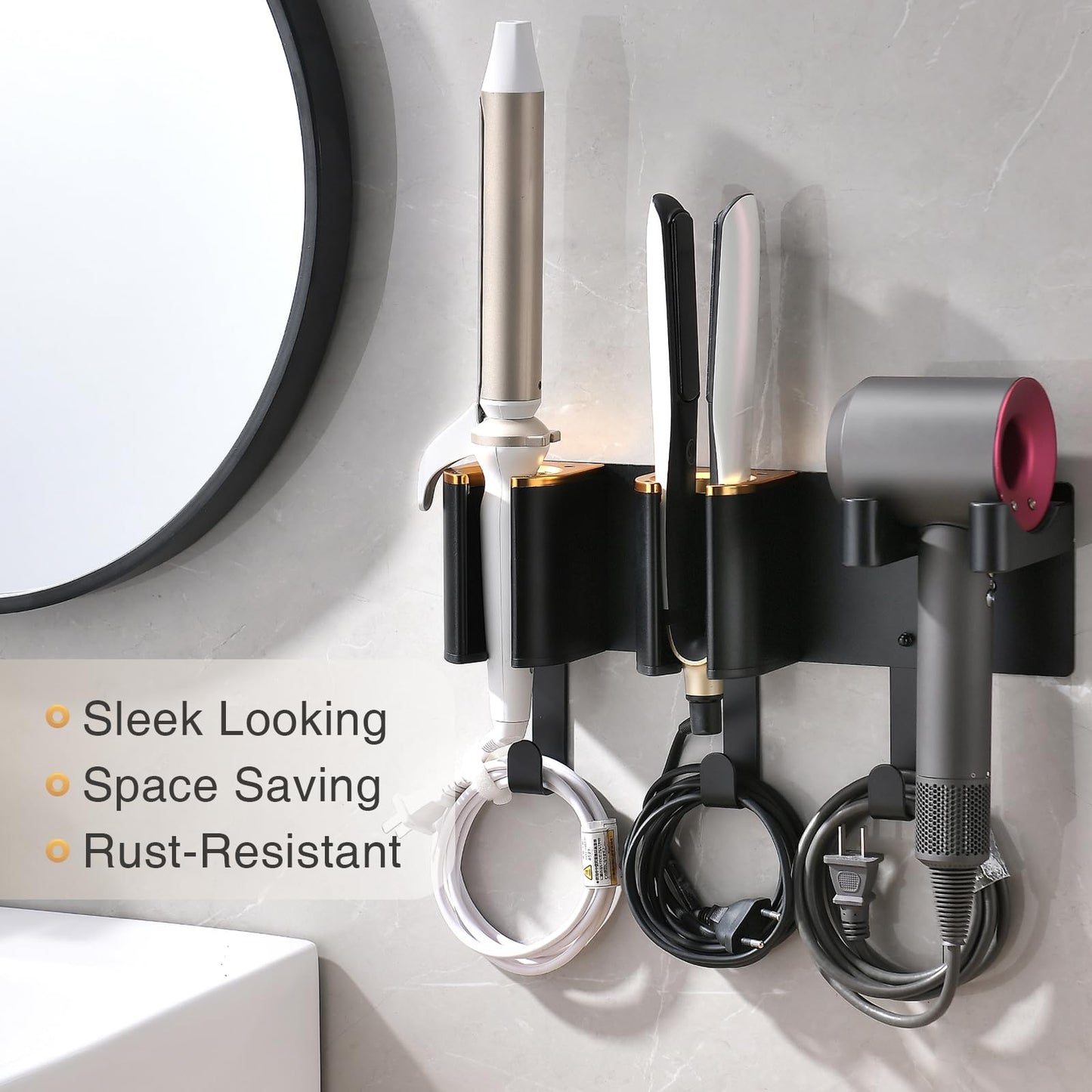 HAVICATO Wall Mount Hair Tool Organizer, Black with Gold Accents