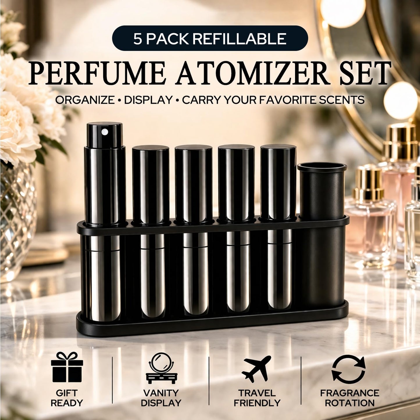 Owlyee Cologne Bottles with Display Stand - 5 Pack Travel Perfume Spray Bottle Refillable for Men - 8ml Mini Empty Atomizer with Holder Kit - Small Portable Twist Up Fragrance Sprayer Refill Set Black