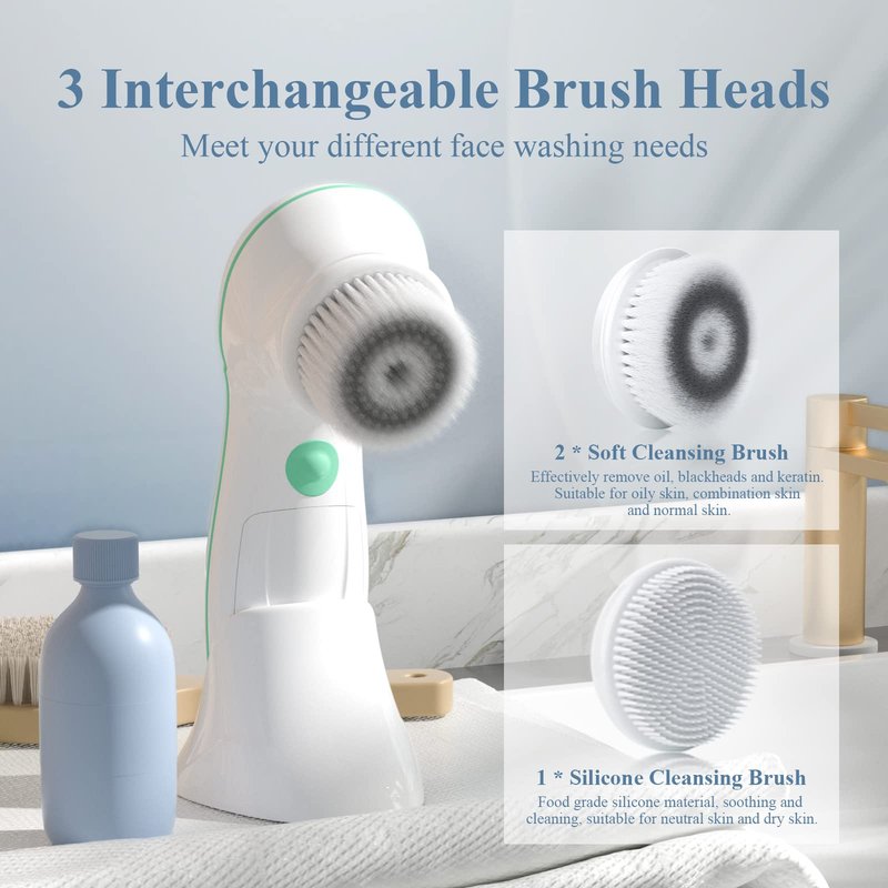 TOUCHBeauty Facial Cleansing Brush Electric, Face Cleansing Brush with Stand, 3 Brush Heads, 2 Speeds, IPX5 Waterproof, Battery-Powered, Suitable for All Skin Types, TB-0759D