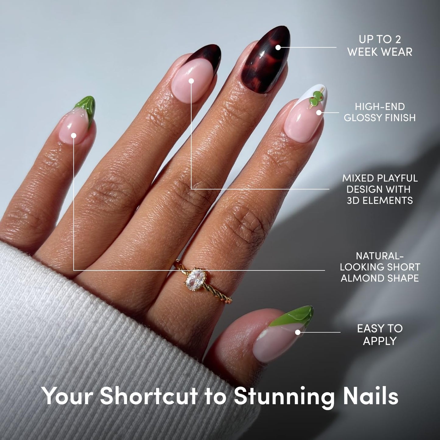 Glamnetic Press On Nails - Summer Fresco | Short Oval Fake Nails with Striped Blue French Tips & Lemon Accents | Salon Quality Summer Nails | 15 Sizes - 30 Nail Kit with Glue