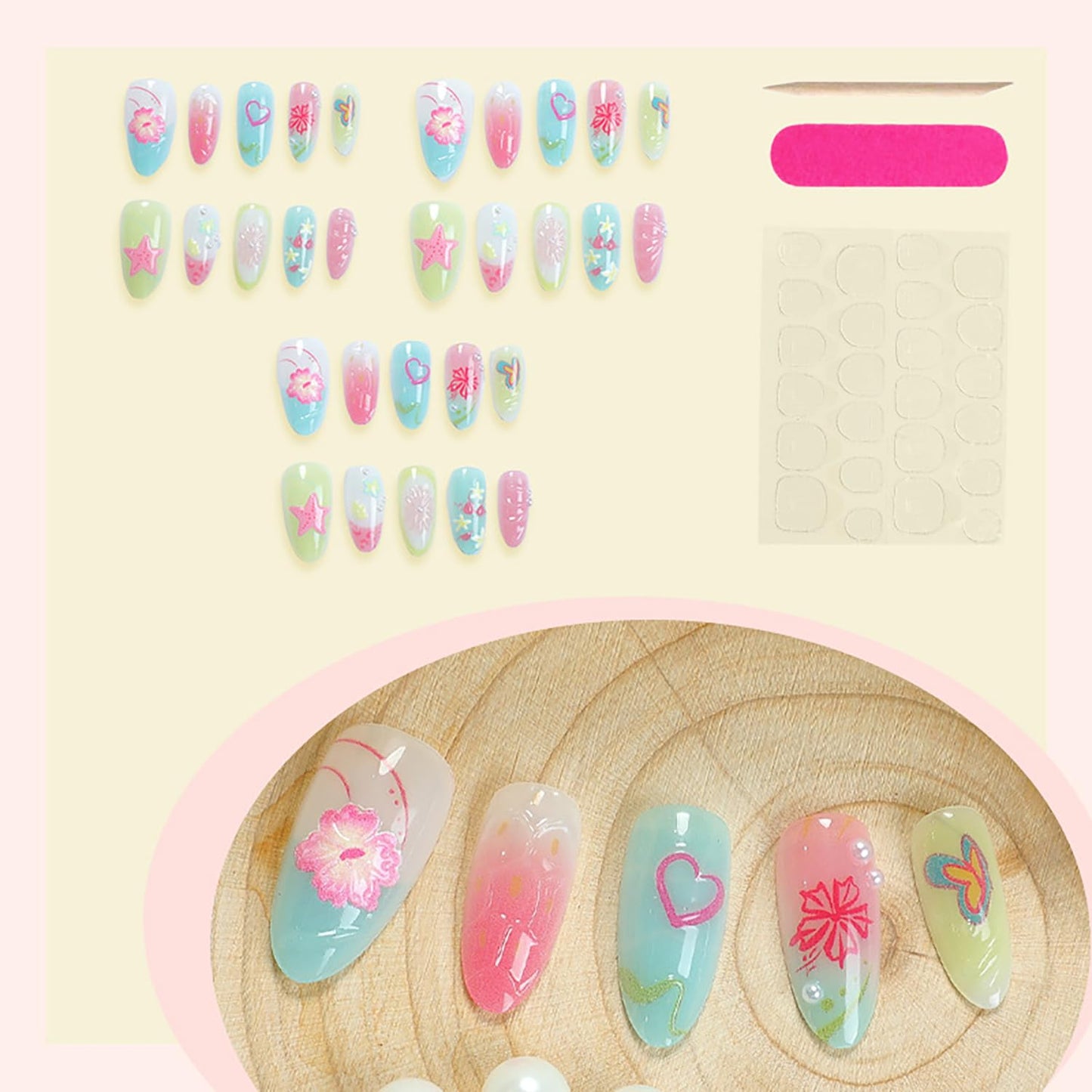 30Pcs Summer Press On Nails - Medium Almond Shape with 3D Starfish Designs | Includes Nail File & Jelly Stickers