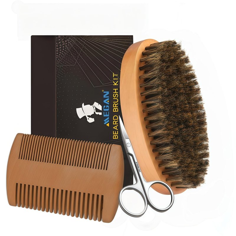 MEGAN Men's Beard Care Kit, Natural Boar Bristle Beard Brush, Anti-Static Pear Wood Comb, Stainless Steel Scissors with Travel Bag for Beard & Mustache Grooming.