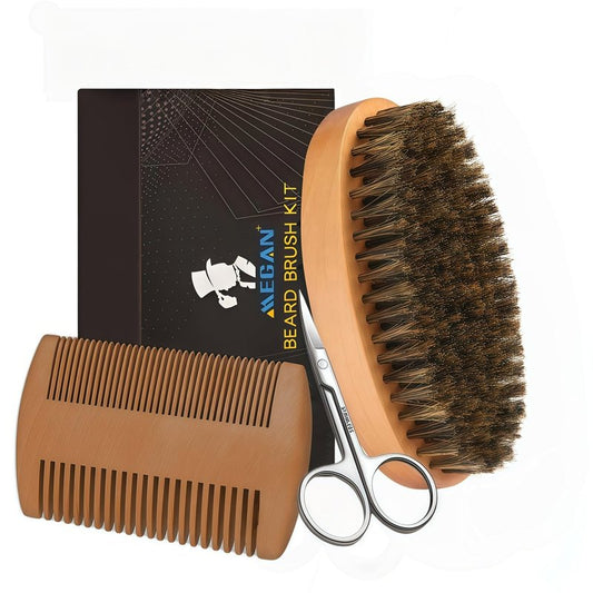 MEGAN Men's Beard Care Kit, Natural Boar Bristle Beard Brush, Anti-Static Pear Wood Comb, Stainless Steel Scissors with Travel Bag for Beard & Mustache Grooming.