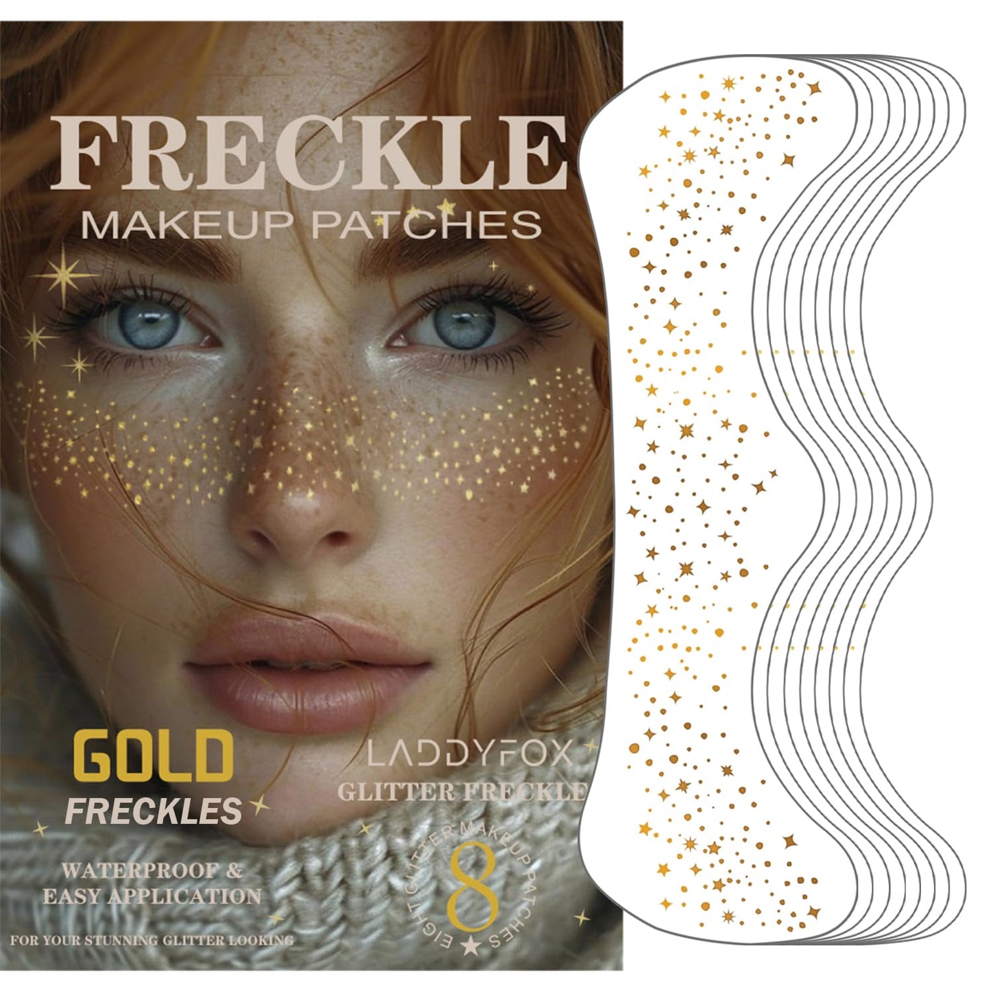 Gold Face Makeup Patches - 8 Pcs Glitter Freckles Temporary Tattoos | Waterproof Face Glitter for Women & Girls