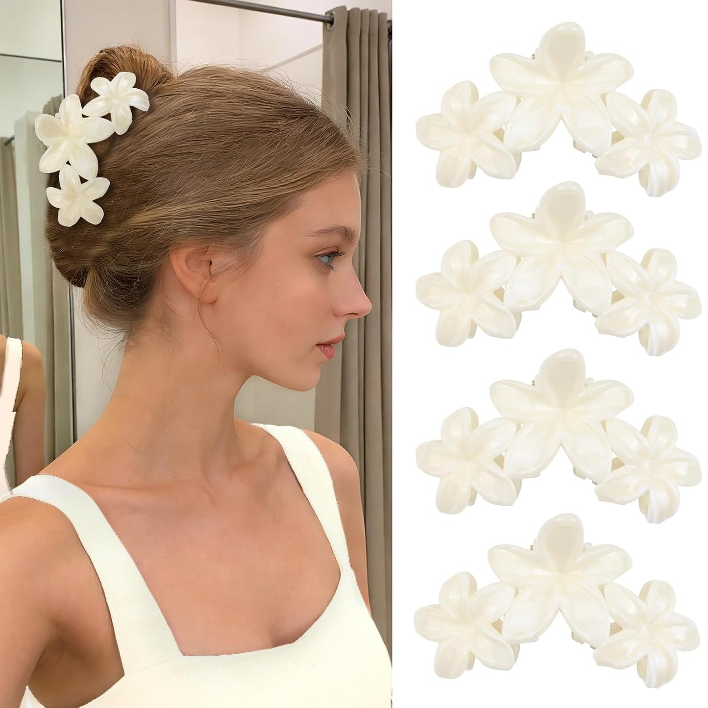 Cute Hawaiian Flower Claw Hair Clips - 4Pcs Large Clips for Thick or Thin Hair | Pink & Red Beach Accessories
