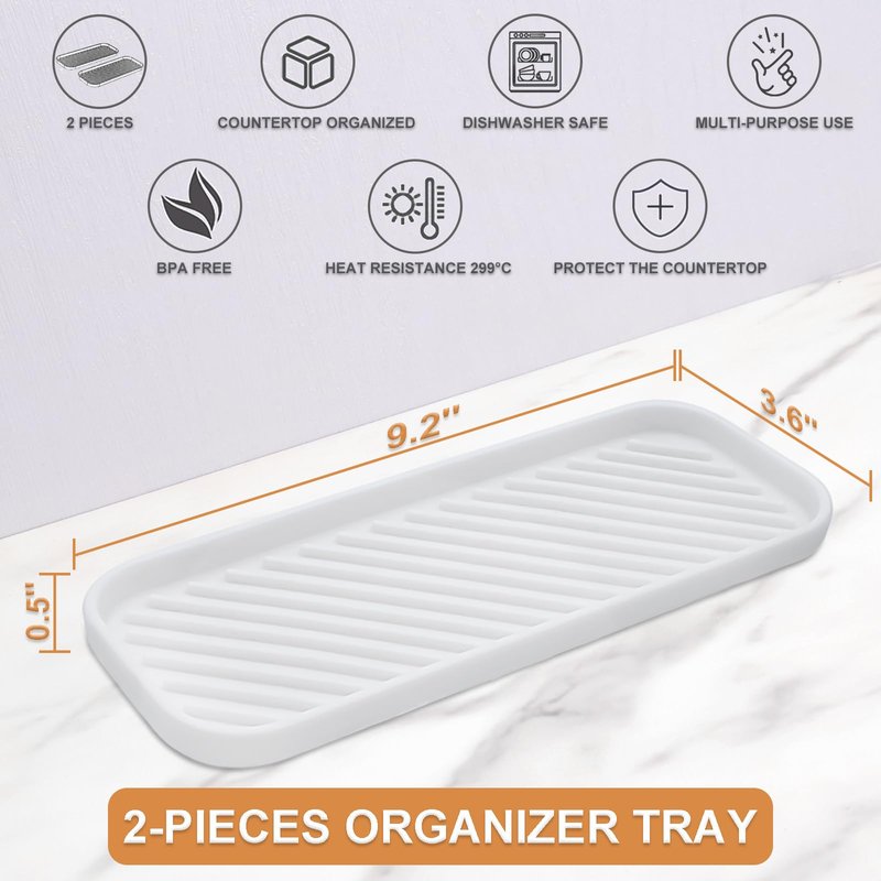 HvOvMvE Silicone Organizer Tray, Soap and Sponge Holder for Kitchen Sink, Bathroom - Storage Tray for Dish Brush, Soap Dispenser, Dishwashing Accessories- 2 Pack (White)