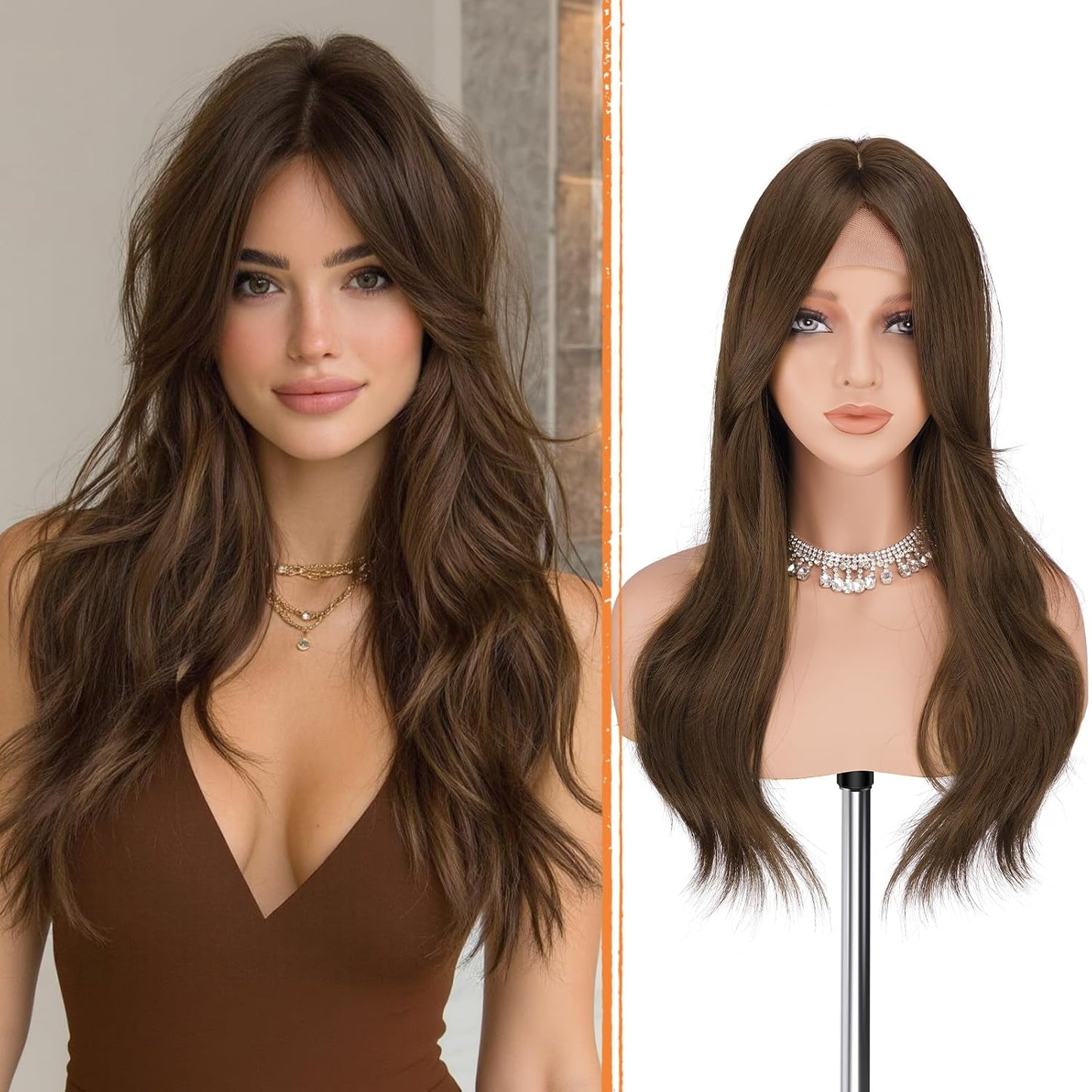 Blonde Wig with Curtain Bangs - Lace Front Synthetic Hair, 24 Inch Dirty Blonde | Natural Looking, Long Layered Style