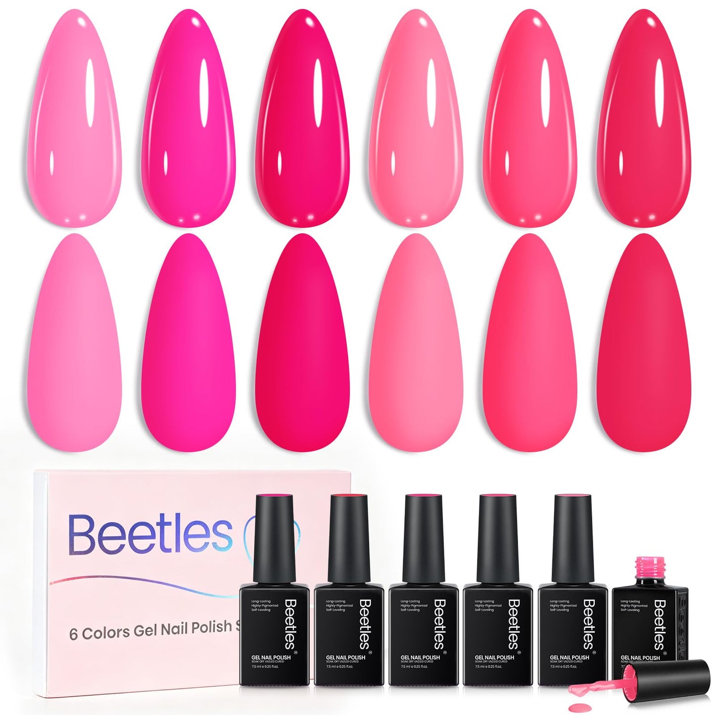 Beetles Pink Gel Polish Set - Summer Heartbeat, 6 Colors Summer Gel Nail Polish Set, Soak Off UV LED Nails Art, Long-Lasting Manicure Salon DIY Home Holiday Nails Art