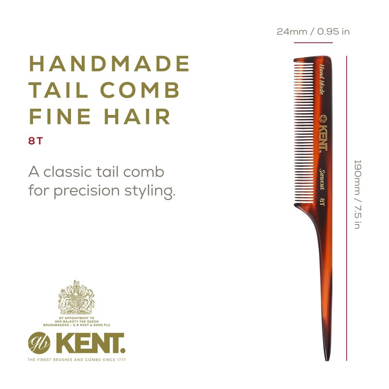 Kent 8T Rat Tail Combs Teasing Comb for Hair Styling and Sectioning, Handmade Fine Tooth Comb Parting Combs for Braiding Hair and Styling for Women, Saw Cut and Hand Polished, Made in England