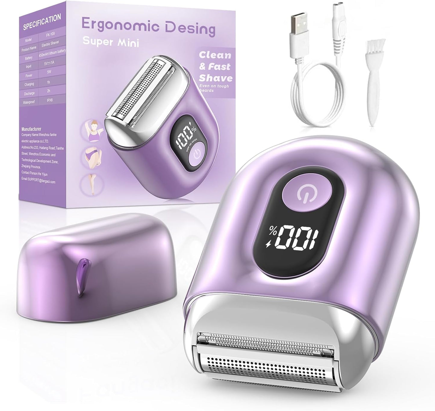 Cordless Electric Shaver for Women - Mini Rechargeable Razor with LED Display | IPX7 Waterproof, Deep Purple