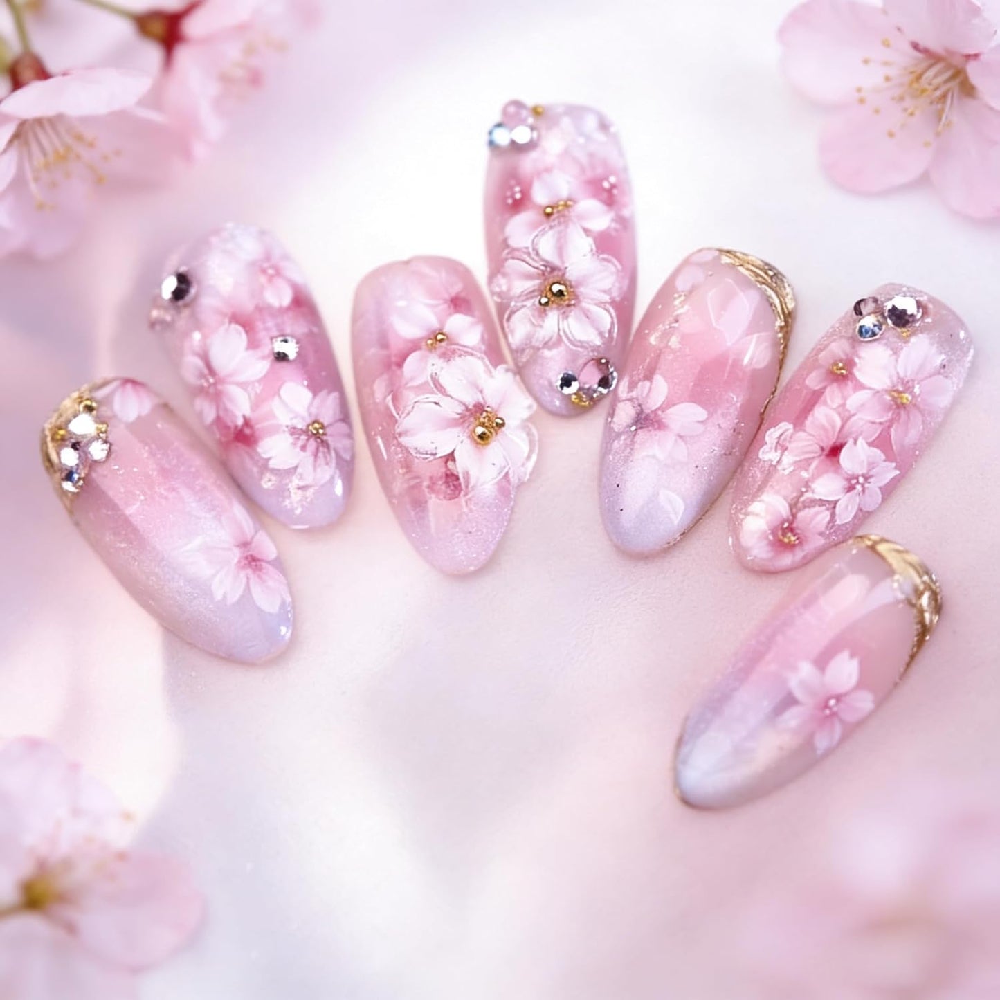 French Tip Press-On Nails - 24Pcs Short Square Design with 3D Flowers & Rhinestones | Glossy Natural Pink Full Cover