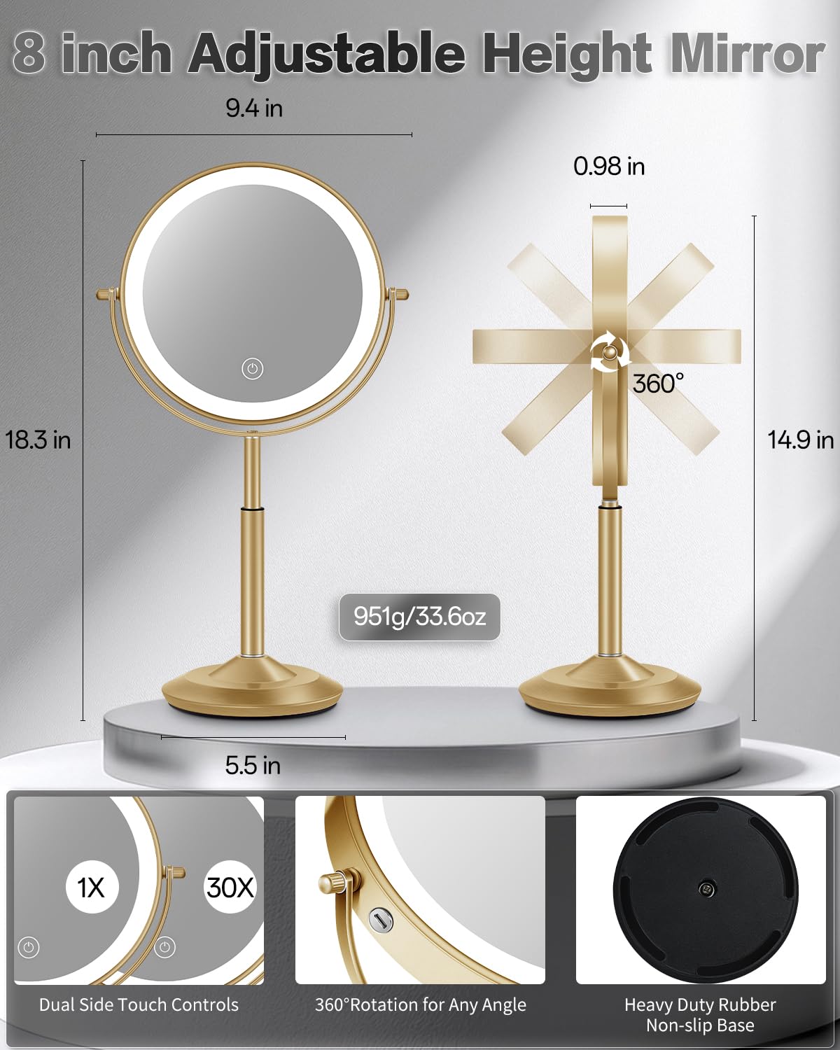 VFD 8'' 30X/1X Magnifying Makeup Mirror with Lights Height Adjustable
