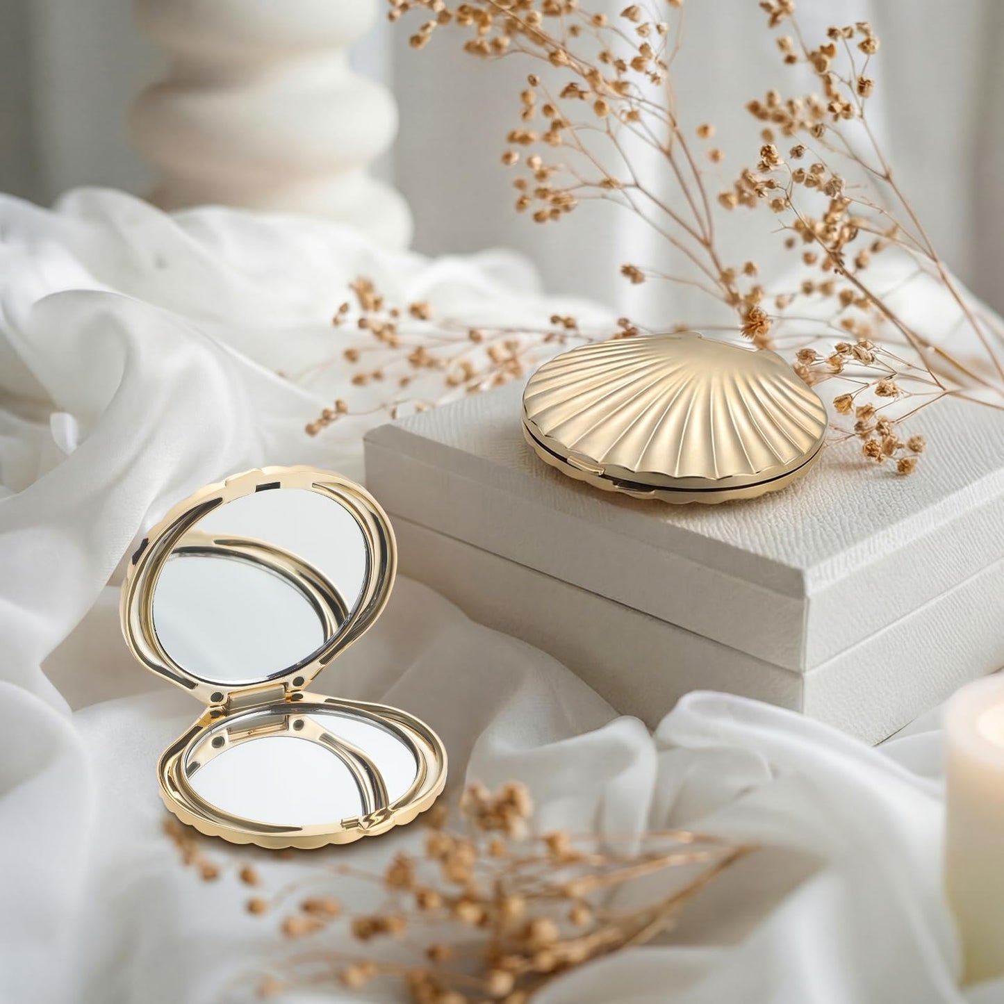 Novabright 1 Pcs 2.7 Inch Gold Sea Shell Compact Mirror Double-Sided Makeup Small Mirror for Purse with 1x/2x Magnification for Travel, Bathroom, Makeup, Beauty, Grooming, Plastic