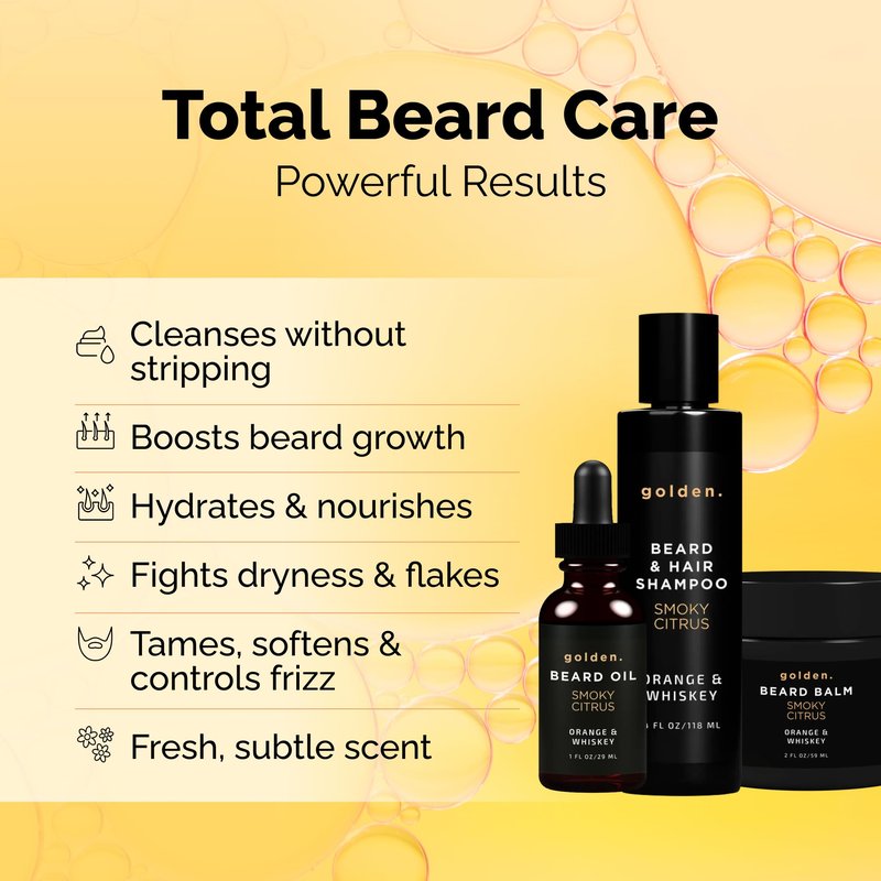 Golden Grooming Beard Bundle (Regular Starter Kit) 4oz Shampoo, 2oz Balm, 1oz Oil - Smoky Citrus