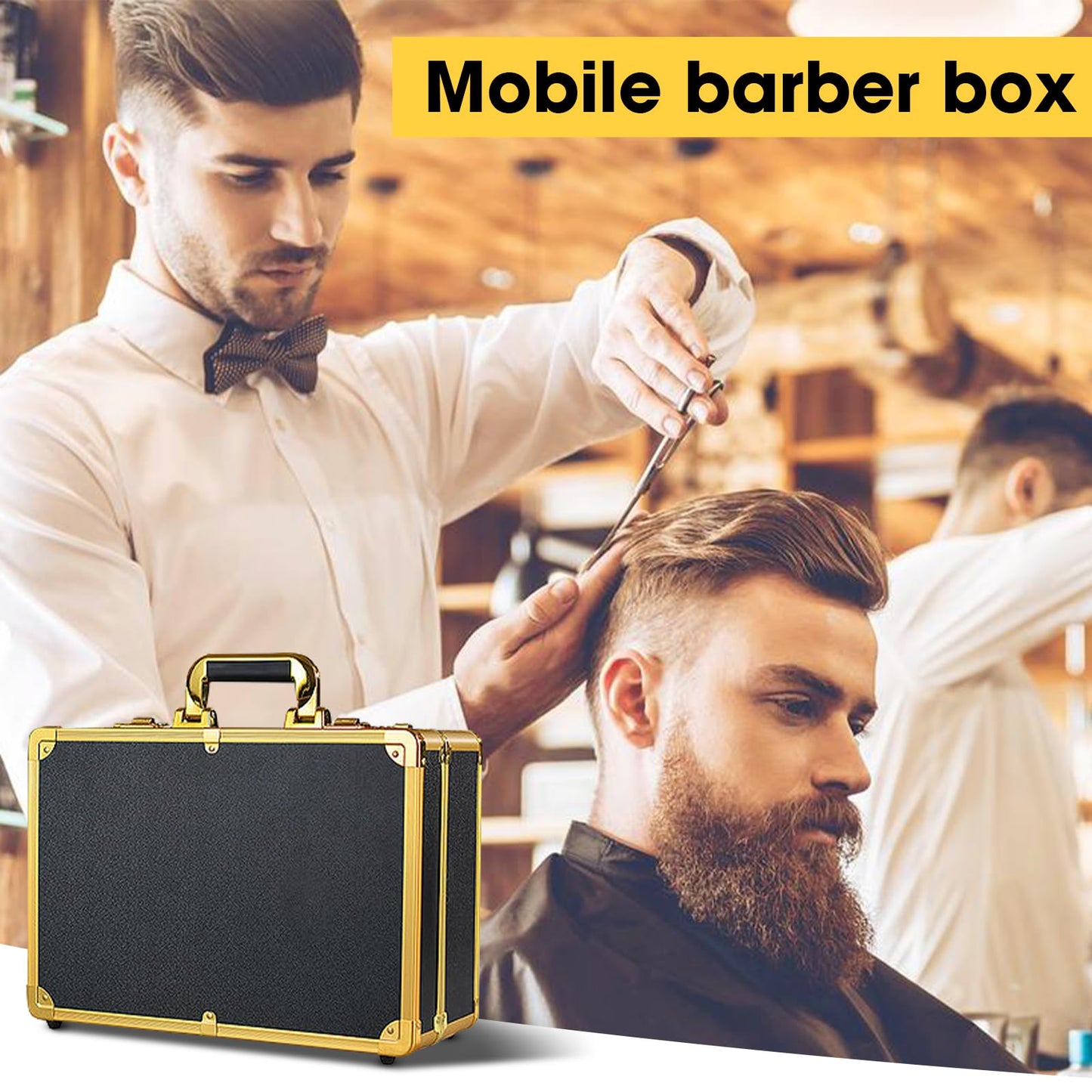 GGAIFbp Barber Accessories Case,Barber Briefcase Tool Case,Barber Carrying Cases for Clippers and Supplies,Double Layer Large Barbers Box Travel Organizer, Barber Suitcase Gold