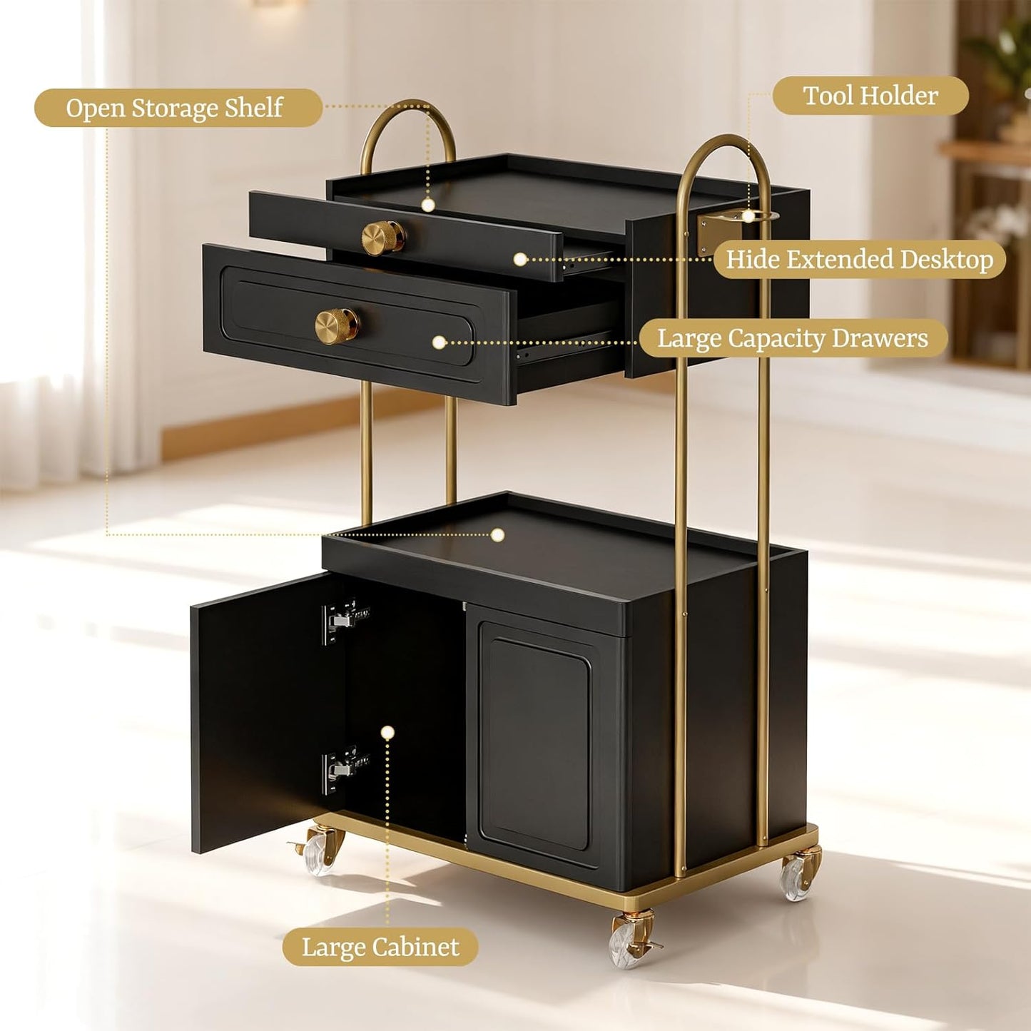 Salon Trolley Cart - Lockable Wheels & Drawer for Hair Stylist | Makeup Tool Organizer (Black & Gold)
