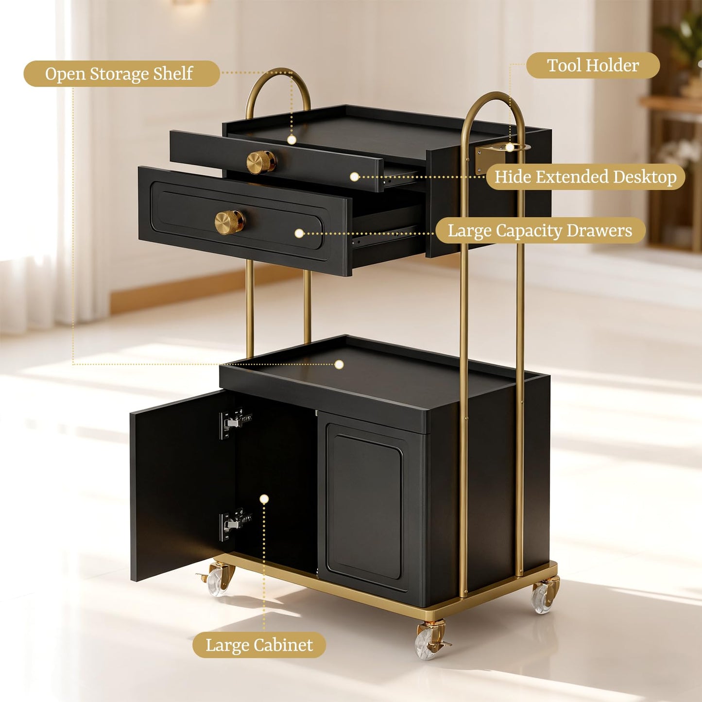 Belandi Salon Trolley Cart with Lockable Wheels, Salon Station Cabinet with Drawer & Cabinet for Hair Stylist Makeup Tool Organizer for Beauty Spa Barbershop (Black&Gold)