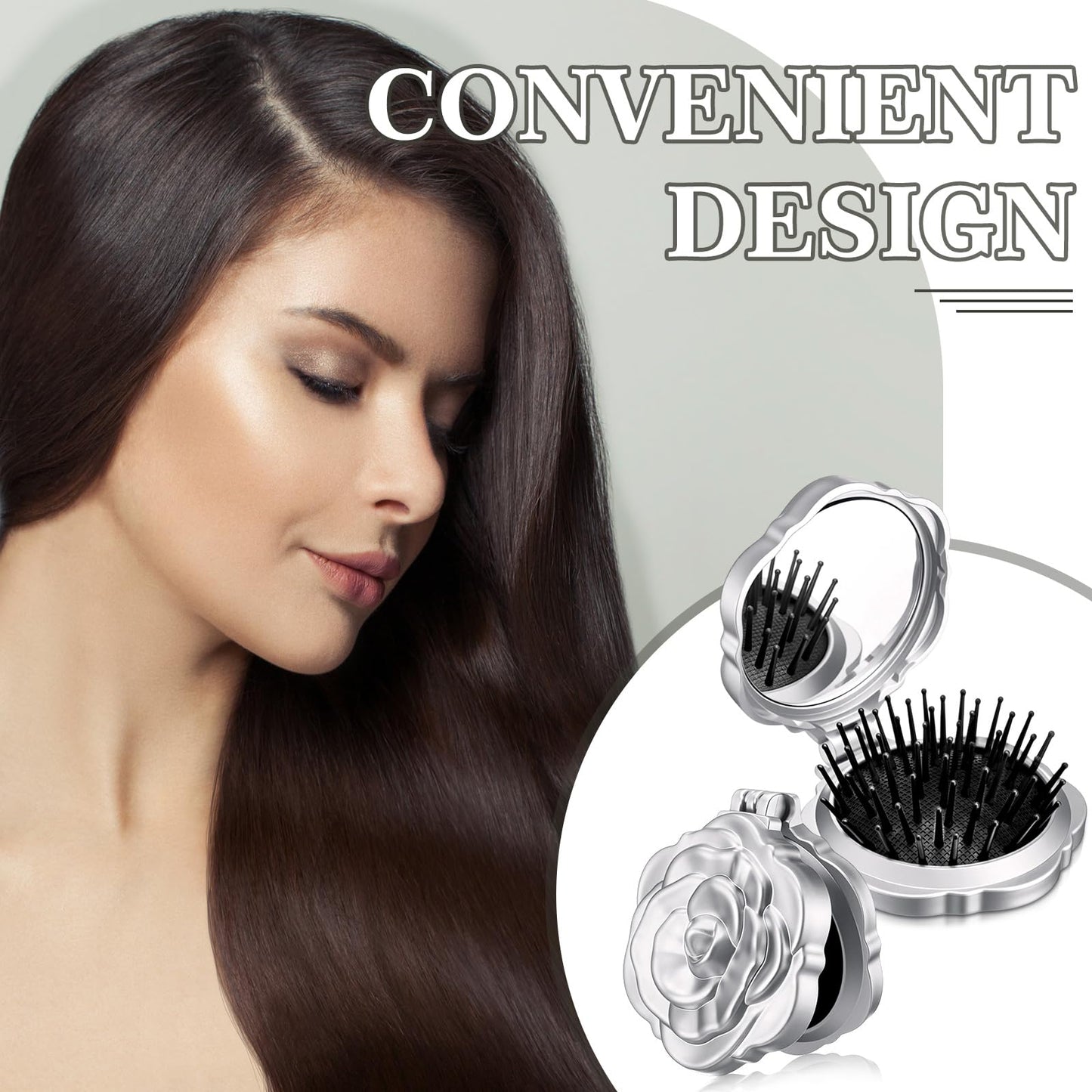Sunnychicc 6 Pcs Rose Travel Brush for Women Mini Compact Purse Hair Brush with Mirror Wedding Bridal Bachelorette Favor Portable Pocket Mirror Folding Comb for Hairstyle Birthday Gift(Silver)
