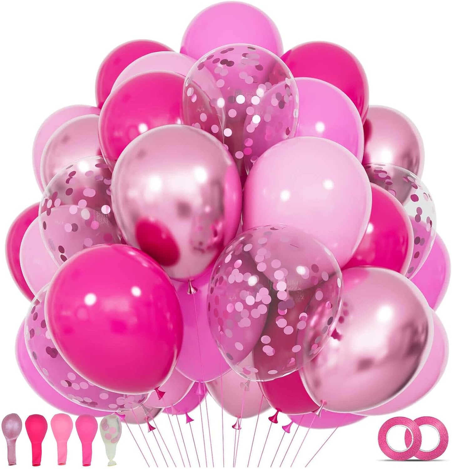 68Pcs Pink & Purple Balloons - 12 Inch Metallic Latex Balloons with Confetti & Ribbons | Perfect for Weddings, Birthdays & Baby Showers