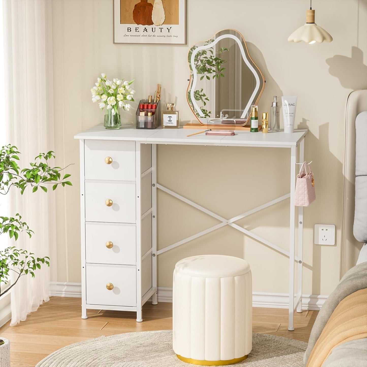 Small White Desk - 35.4 Inch Writing Desk with Drawers | Reversible Study Table for Kids & Teens