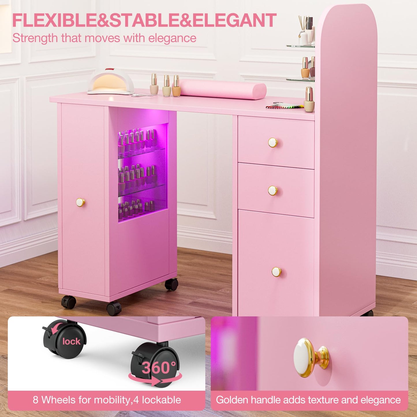 TTGIEET Professional Nail Desk for Nail Tech w/LED Light Display Cabinet, Rolling Manicure Table with Lockable Wheels, Storage Drawers, Wrist Cushion, Acetone Resistant, for Beauty Salon, Spa & Home