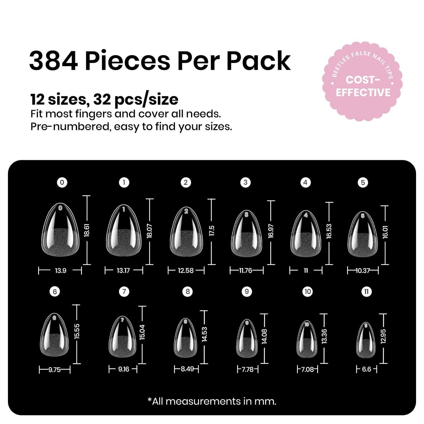 Beetles Gel Nail Tips Etch-X- Almond Extra Short, 384pcs 12 Sizes, Pre-Etched Half Matte Full Cover Soft Gel Nail Tips, Press on False Nail Extension Acrylic Fake Nails, Easy DIY Salon Art