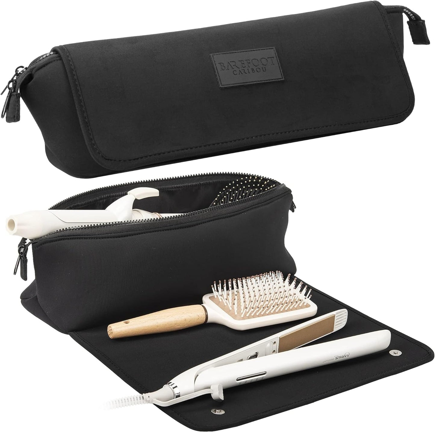 BAREFOOT CARIBOU Travel Hair Tools Bag & Heat Resistant Mat - 2-in-1 Organizer for Flat Irons & Curling Irons (Black)