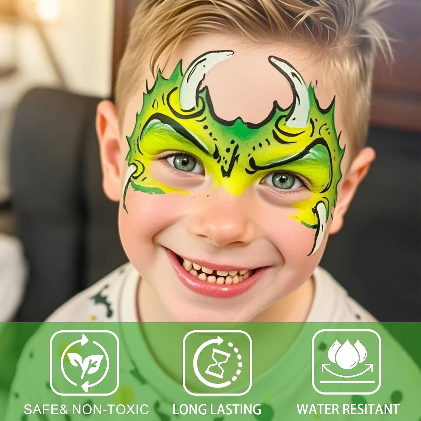 Dual-Ended Face Paint Stick - Non-Toxic, Waterproof Cream in Green & Yellow | Full-Coverage for Halloween, Cosplay & Sports