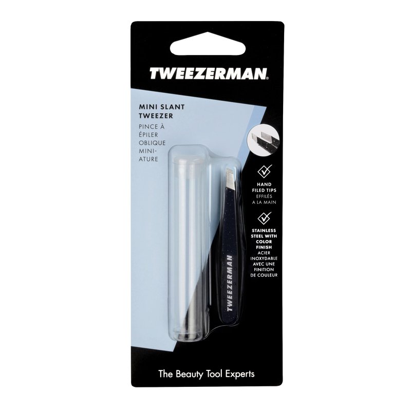 Tweezerman Mini Slant Tweezer - Tweezers for Eyebrows, Travel Tweezers for Eyebrows, Facial Hair (Dusted Onyx)