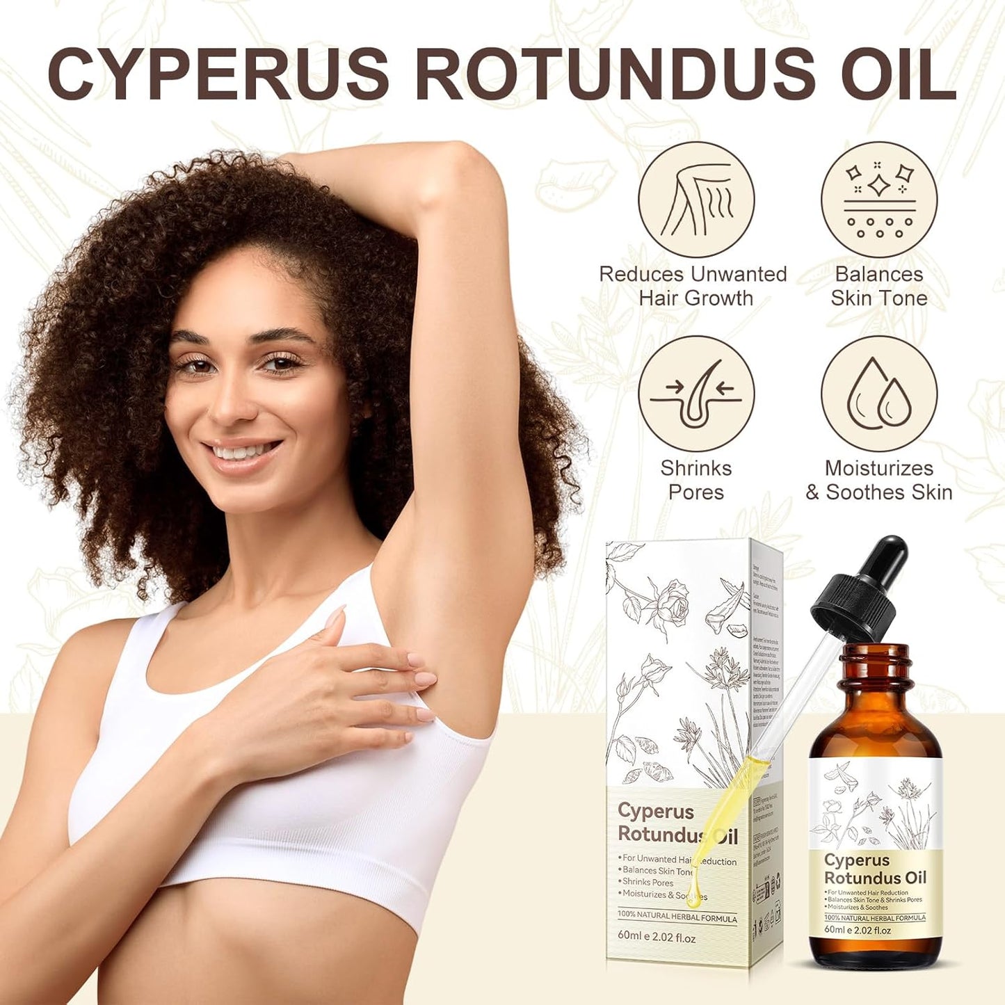 Cyperus Rotundus Oil - 100% Natural Hair Removal & Skin Smoothing | 60ml with Dropper (2 Packs)