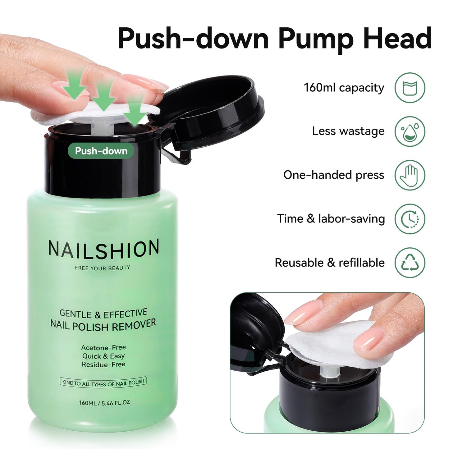 Nailshion Aloe Vera Nail Polish Remover Non-Acetone, VE Non-Drying, 5-10s Remove All Air Dry Nail Polishes, Built-in Easy Push-down Pump, Clear Nail Polish DIY at Home Nail Art Essentials