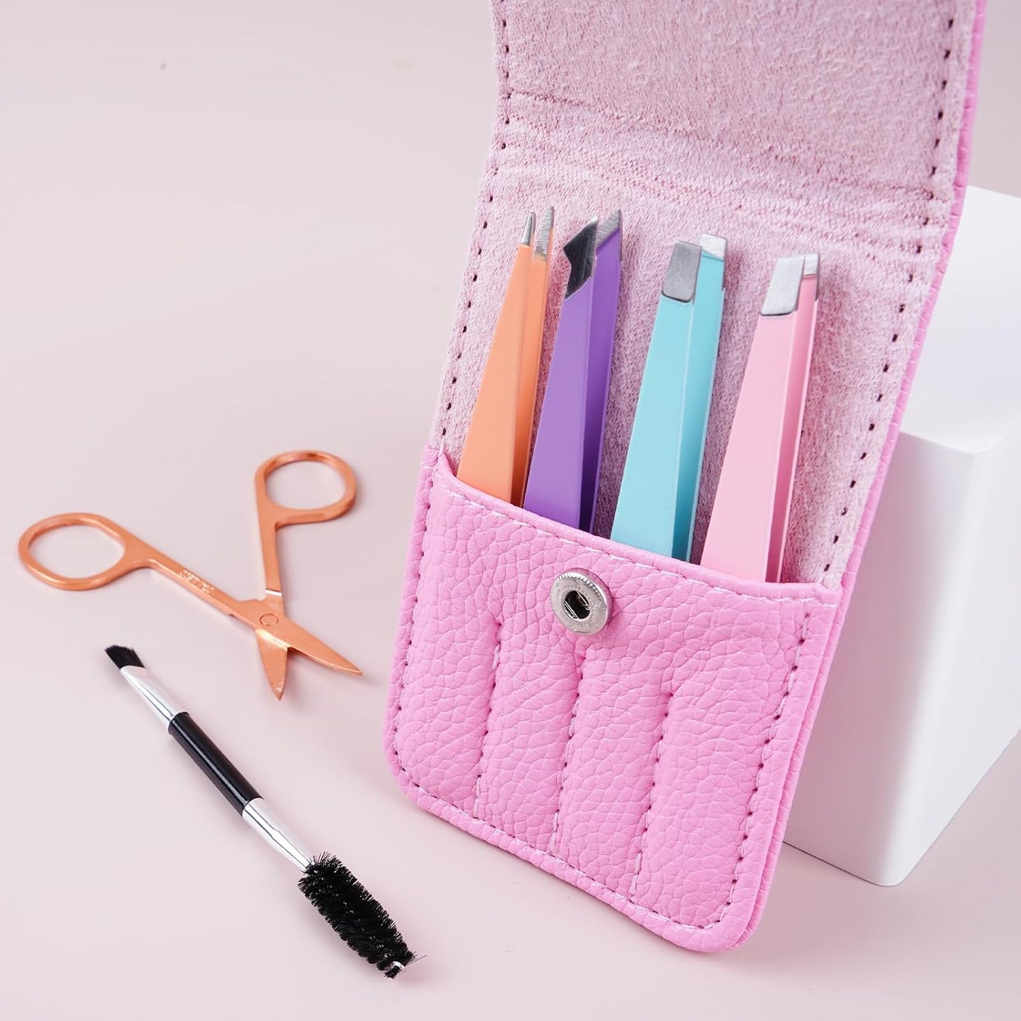 Eyebrow Tweezer Set - 6 Precision Tweezers with Curved Scissors & Leather Travel Case | Beauty Tools for Women