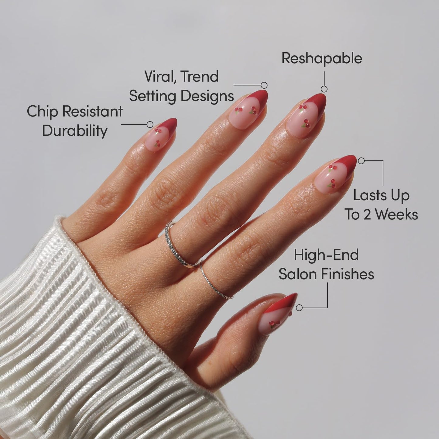 Glamnetic Press On Nails - Cherry Bomb Short Almond Fake Nails with Glossy Red French Tips | 30 Nail Kit with Glue in 15 Sizes