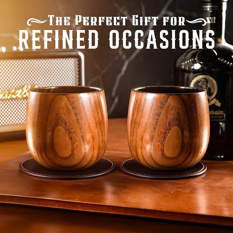 BRGHN Oak & Hide Charred Oak Whiskey Glasses Wooden Set of 2 with 2 Premium Leather Coasters – Perfect Birthday, Anniversary, Bachelor, or Father’s Day Gift for Men