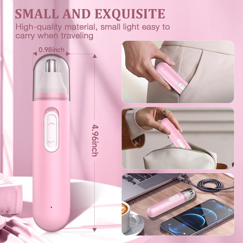 Nose Hair Trimmer for Women Rechargeable :2024 Upgrade 2 in 1 Nose Trimmer for Women, Painless Eyebrow & Facial Hair Trimmer- Dual-Edge Blades, IPX7 Waterproof, Portable for Easy Cleansing, Pink