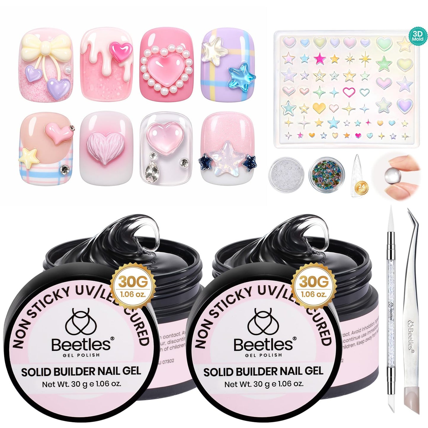 Beetles 3D Sculpting Gel for Nail Art,2 oz Clear Solid Builder Nail Gel,5 in 1 Non-Sticky Hand Building Sculpting Extension with Sculpting Pen & Dual Forms,Beginner DIY UV Nails,Pastel Playland