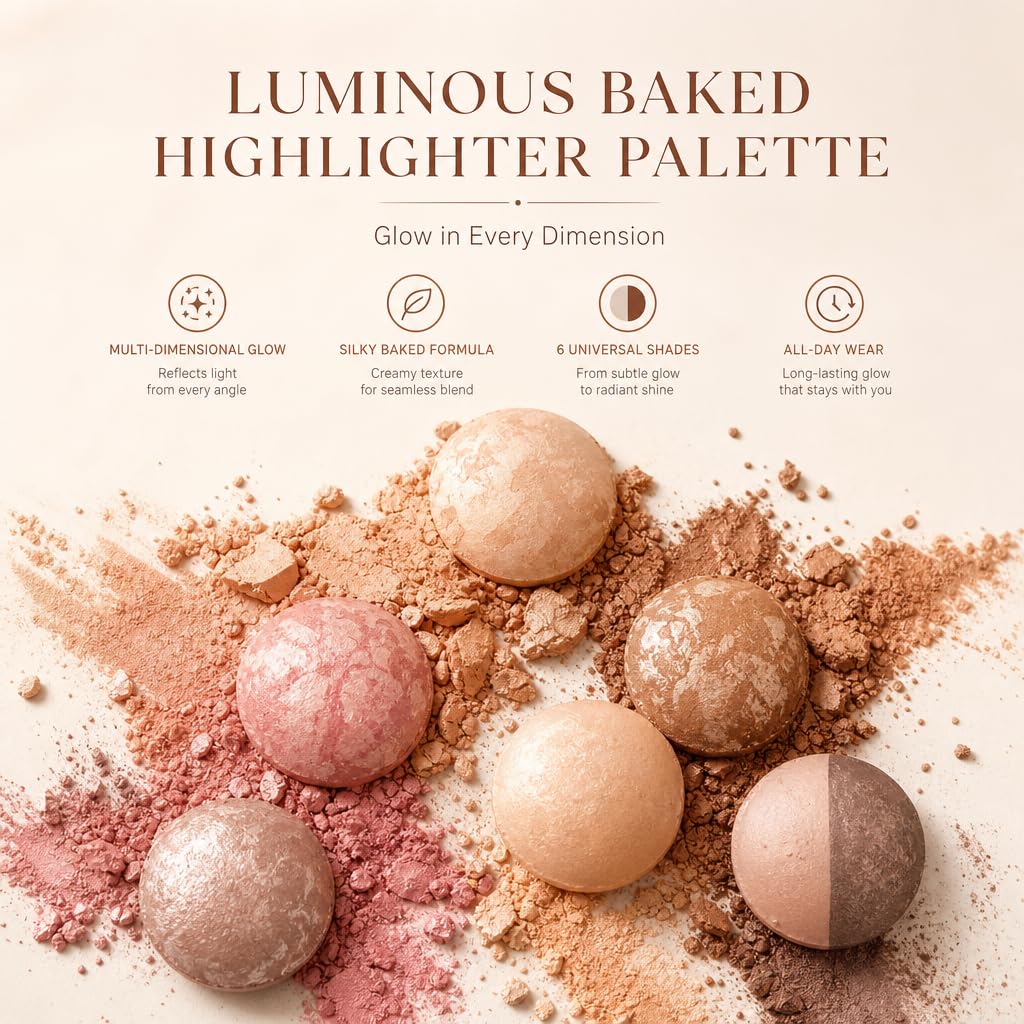Baked Makeup Palette - All-in-One Eyeshadow, Blush & Highlighter | 6 Neutral Warm Tones, Travel-Friendly Compact