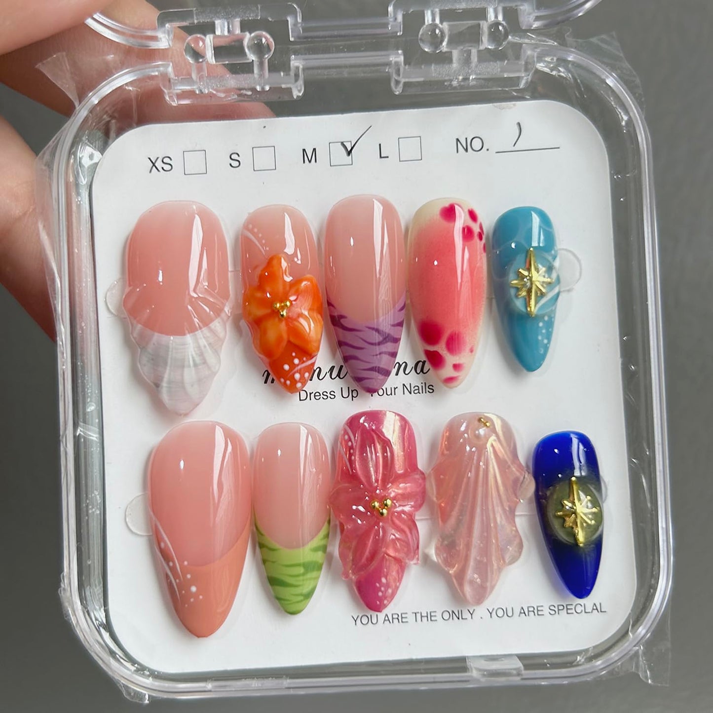Press On Almond Nails - Handmade 3D Design, Thick Acrylic Gel | Reusable DIY Artificial Nails for Women (10 Pieces)