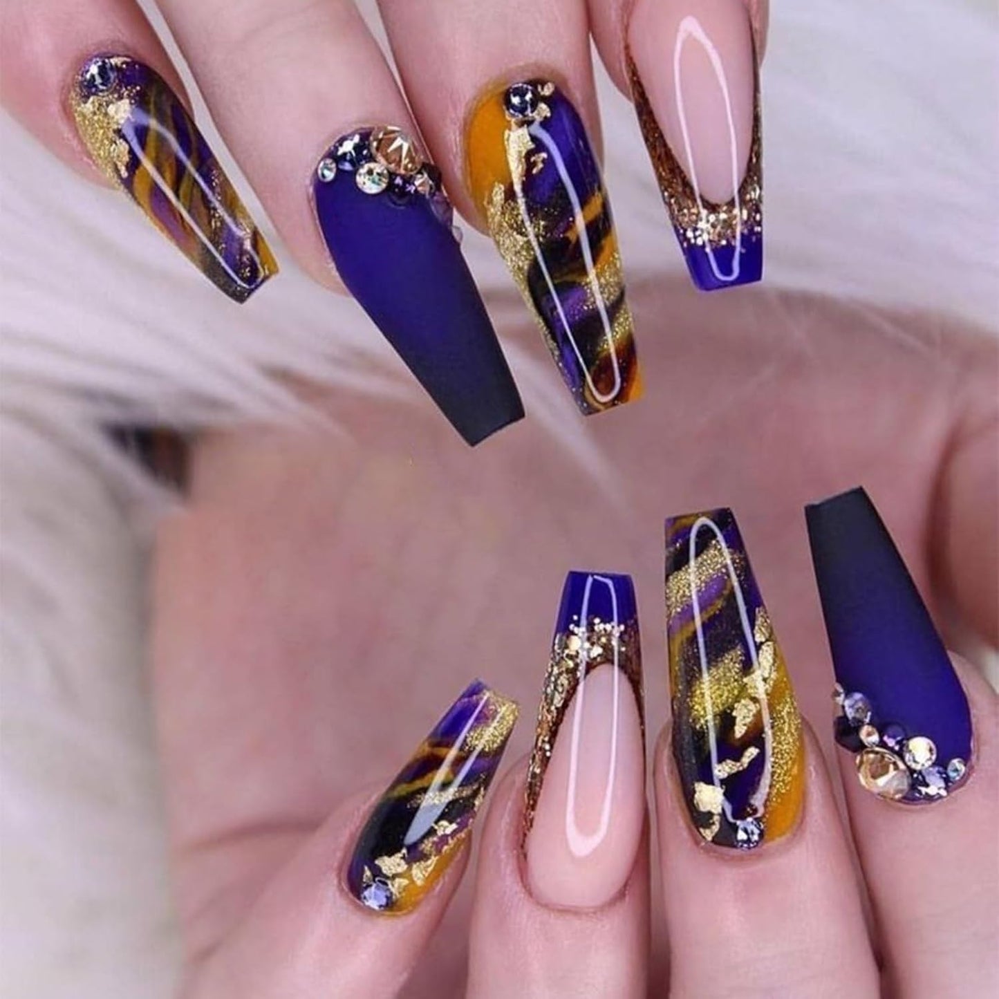 Almond Medium Press-On Nails - Blue Marble Full Cover with Gold Foil | 24 Pcs Glossy Artificial Nail Art for Women
