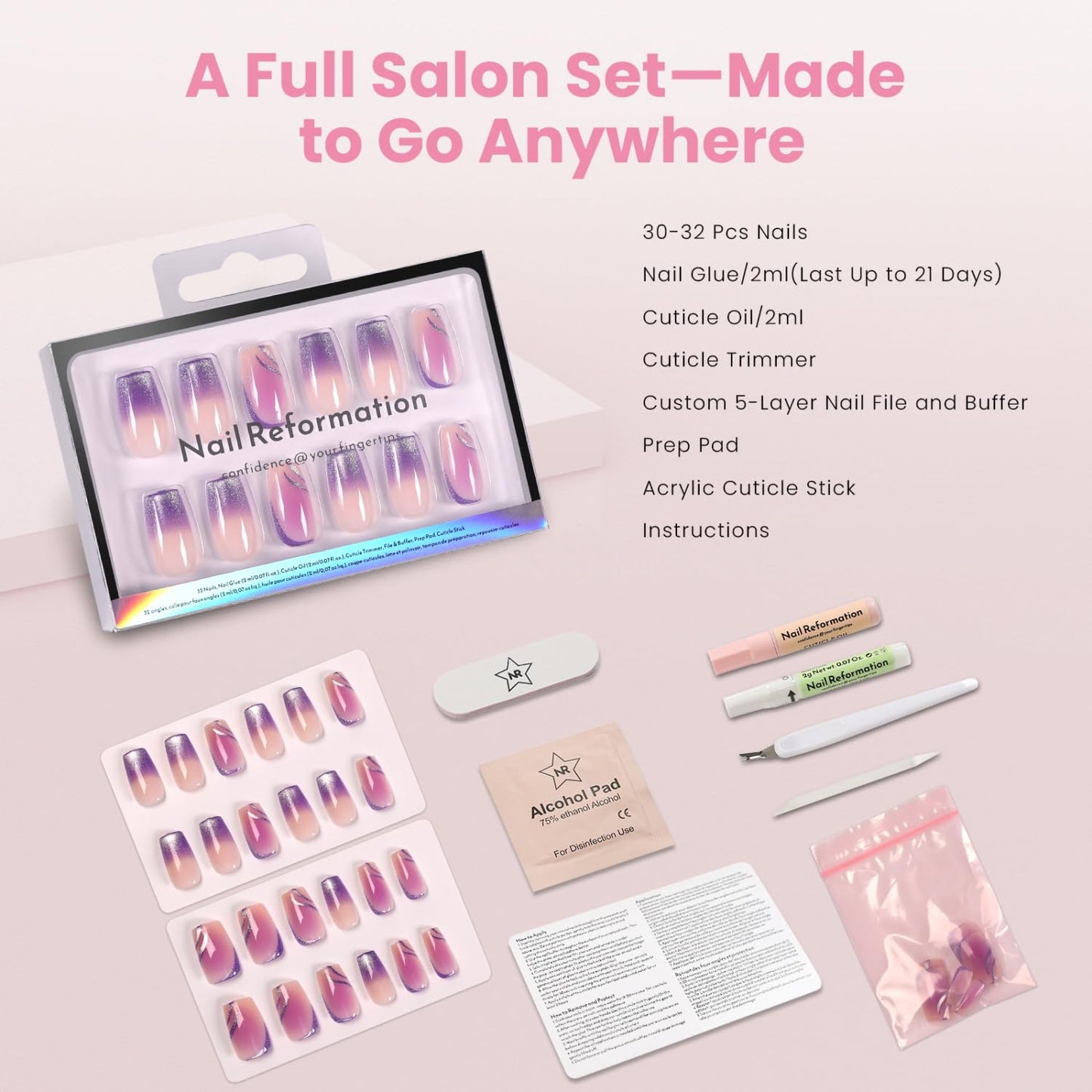 Nail Reformation Press On Nails, Purple Hour | Short Coffin Fake Nails with Violet Ombre & Shimmery Metallic Ribbon Design, Reusable Stick On Nails Kit - 32 Pcs in 16 Sizes, Manicure Gifts for Women