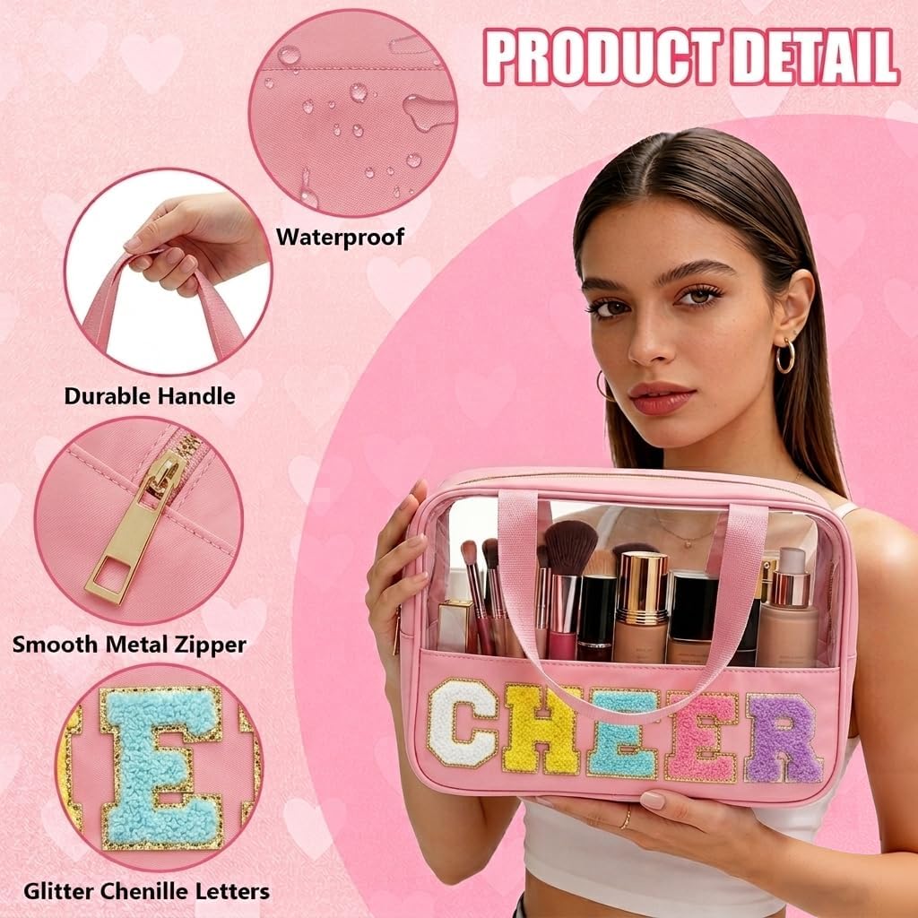 Cheer Makeup Bag - Waterproof Nylon Cosmetic Organizer with Handle | Clear Chenille Letter Patch for Cheerleaders