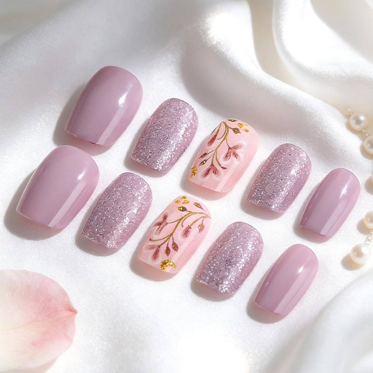 Acrylic Press-On Nails - Cute Purple Flower Bud Design | 24 Pcs Glossy Full Cover Artificial Nails for Women