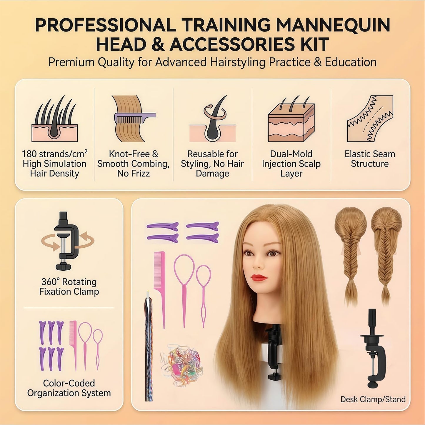 Human Hair Mannequin Head - 26 Inch Braiding Practice Head with Clamp Stand for Cosmetology & Kids | Golden