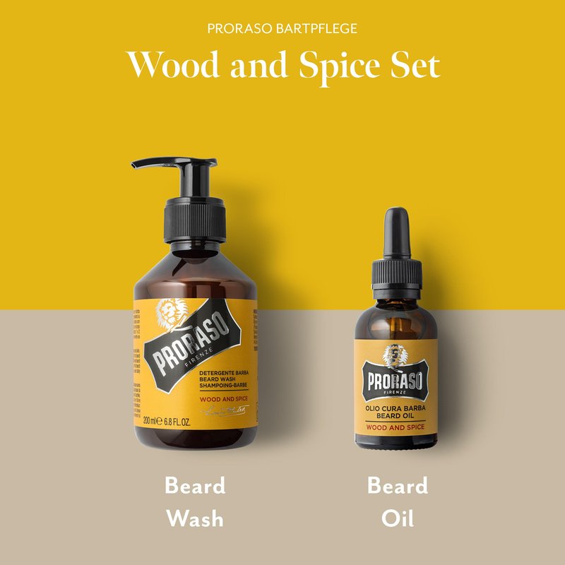 Proraso Wood and Spice Beard Care Duo Kit - Beard Wash and Oil with Warm, Woodsy Scent for Long or Full Beards - Premium Italian Gift Set for Men