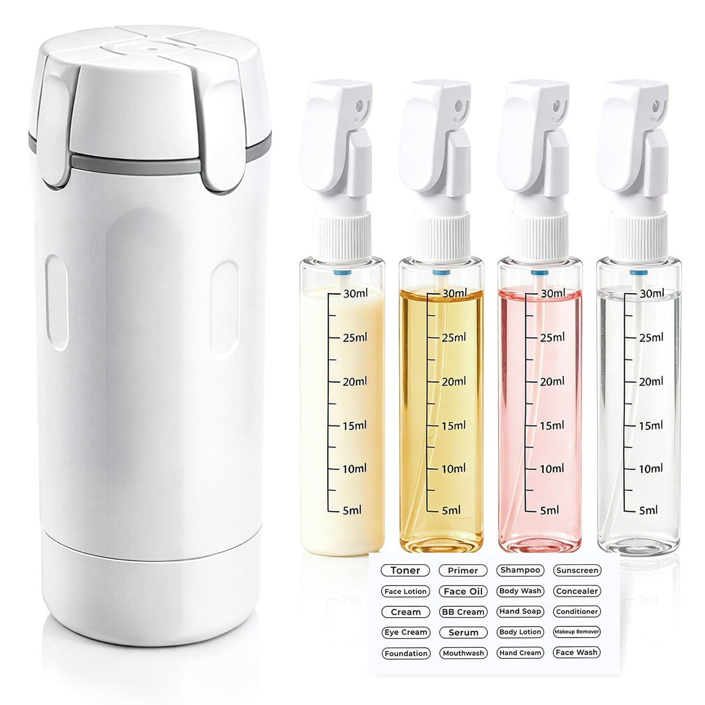 4 in 1 Travel Dispenser Bottle, Leak Proof Refillable Pump Travel Bottles Suitable for Travel, Camping and Gym,4 Pack 30ML Toiletry Containers (White)