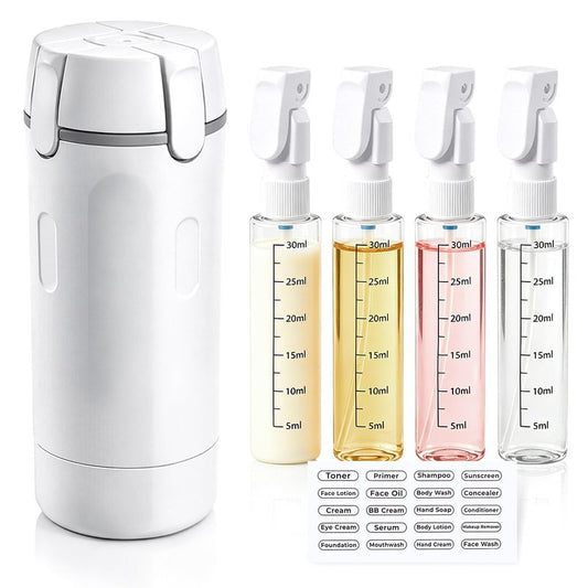 4 in 1 Travel Dispenser Bottle, Leak Proof Refillable Pump Travel Bottles Suitable for Travel, Camping and Gym,4 Pack 30ML Toiletry Containers (White)